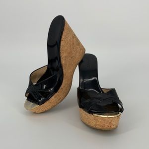 Jimmy Choo black patent leather cork wedge